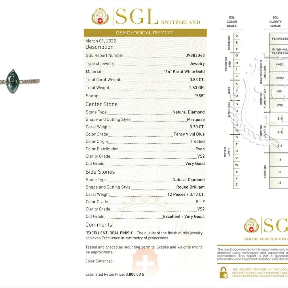 Blue Marquise Cut Diamond Engagement Ring 14K White Gold 0.83 TCW - Picture 4 of 9